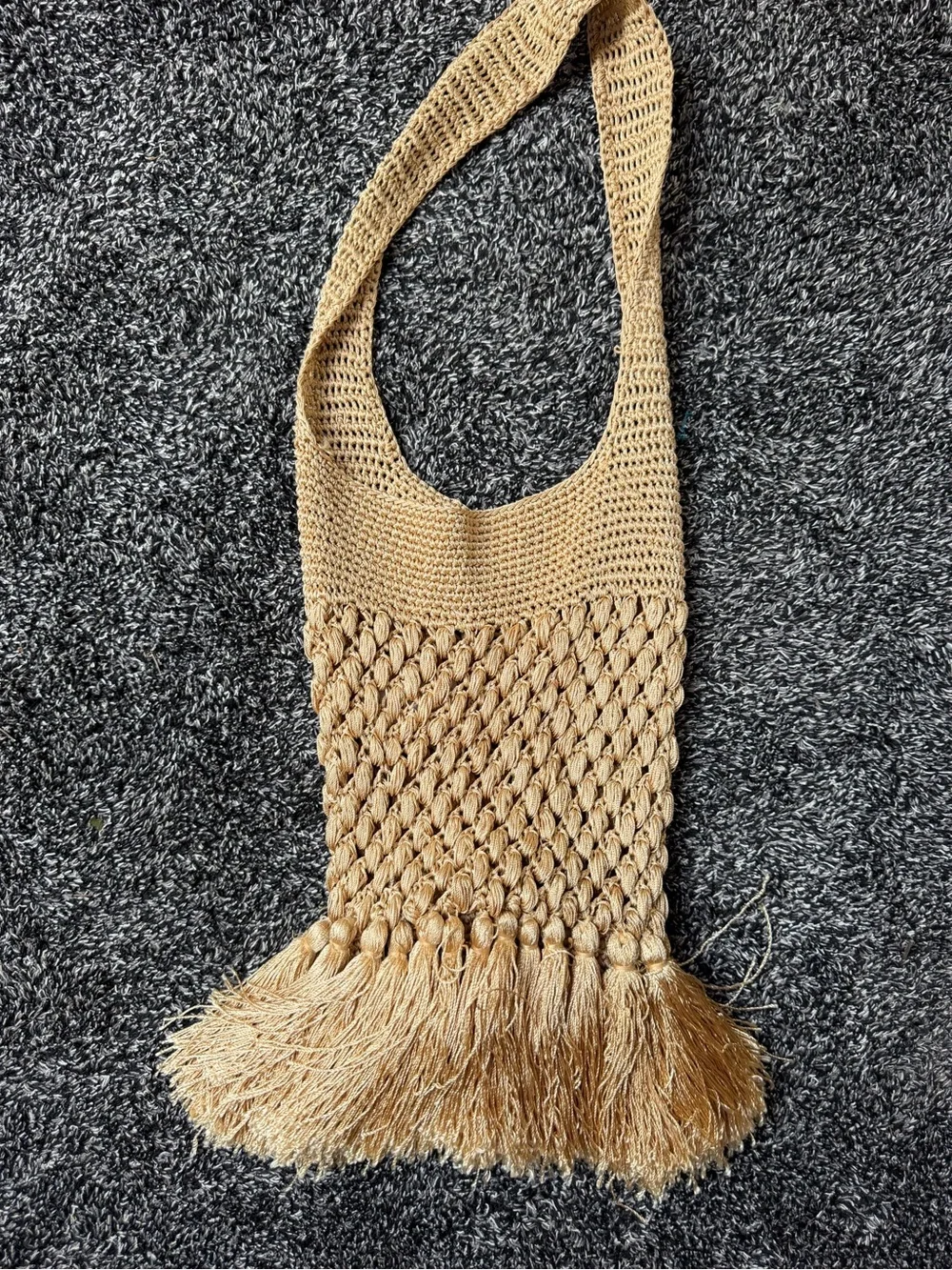 Handwoven Fringe Shoulder Bag in Natural Beige